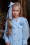 Girl's Blue Dress with Pearl Beads Embroidered Sleeves Transparent Fabric Stone Button Detail - 3