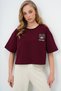 Women's Burgundy Crew Neck Teddy Bear Motif Oversize Crop T-Shirt Alc-X13675 - 4