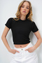 Women's Black Crew Neck Striped Shoulder Ottoban Crop Blouse Alc-X13730 - 2