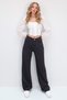 Women's Black High Waist Five-Pocket Wide Leg Summer Gabardine Trousers Alc-X13761 - 3