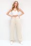 Beige High Waist Five-Pocket Wide Leg Summer Gabardine Trousers Alc-X13761 - 5