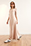 Women's Stone V-Neck Three-Quarter Sleeve Slit Modal Maxi Dress Elb-19002286 - 3
