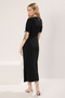 Black V-Neck Button Detailed Gathered Skater/Stretchy Midi Knitted Dress with Opening Waist - 3