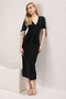 Black V-Neck Button Detailed Gathered Skater/Stretchy Midi Knitted Dress with Opening Waist - 2