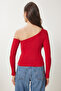 Women's Red Navy Blue Open Shoulder Ribbed 2-Piece Knitted Blouse Tg00013 - 9