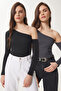Women's Anthracite Black Open Shoulder Ribbed 2-Piece Knitted Blouse Tg00013