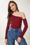 Women's Burgundy Open Shoulder Corduroy Knitted Blouse TG00011 - 2