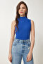 Women's Dark Blue Turtleneck Cotton Knitted Blouse GT00004 - 3