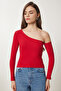 Women's Red Navy Blue Open Shoulder Ribbed 2-Piece Knitted Blouse Tg00013 - 8