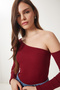 Women's Burgundy Open Shoulder Corduroy Knitted Blouse TG00011 - 3