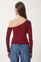 Women's Burgundy Open Shoulder Corduroy Knitted Blouse TG00011 - 7