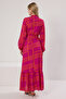 Women's Fuchsia Geometric Patterned Belted Viscose Woven Dress - 4