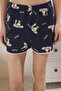 Kadın Lacivert %100 Pamuklu Kedili Sloganlı Şortlu Örme Pijama Takımı THMSS25PT00345 - 4