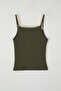 Khaki Double Layer Lace Detailed Corded Fitted/Body-Sitting Knitted Undershirt Twoss25Al00035 - 6