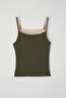 Khaki Double Layer Lace Detailed Corded Fitted/Body-Sitting Knitted Undershirt Twoss25Al00035 - 5