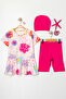 Floral Patterned Flounce Skirt Bonnet Girl's Three Piece Swimsuit Set