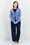 Women Tie Neck Ribbed Cardigan, Blue - 4