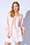 Powder Boat Neck Shoulder and Sleeve Elastic Long Sleeve Muslin Washed Blouse |   Mks 179921 -01 - 2