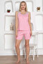 Women's Pink Heart Patterned V-Neck Thick Strap Combed Cotton Shorts Suit Edy2797P - 6