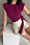 Women's Crew Neck Padded Sleeveless Tie Detail Crop Blouse Plum