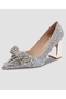 Lady Princess Silver Nude Transparent Crystal Bow Stone Stiletto 9cm Heel Wedding Engagement Evening Dress Shoes - 6