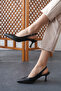 Women's Open Back Laser Perforated Mid-Heel Shoes Coan Black Skin - 4