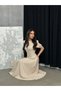 Women's Crepe Fabric Beige Watermelon Sleeve Evening Dress - 2