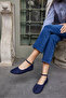Si̇lva Women's Navy Blue Real Suede Scarf Ballet Flats - 3