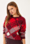 Women's Burgundy Red Diamond Patterned Jacquard Knitwear Sweater 20246928 - 3
