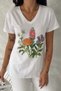 Women's White V-Neck Flower Pattern Sequin Embroidered 100% Cotton T-Shirt