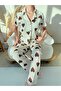Ecru Brown Heart Patterned Cotton Short Sleeve Shirt Collar Pajama Set - 6