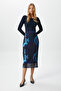 Women's Dania Lined Elastic Waist Chiffon Blue Midi Pencil Skirt