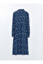 Navy Blue Patterned Linen Blend Women's Shirt Dress - 6