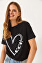 Women's Black Crew Neck Butterfly Heart Printed Short Sleeve T-Shirt 60602020 - 4