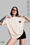 Women's Crew Neck Minimal Leopard Heart Printed Cotton Oversize Short Sleeve T-Shirt - 2