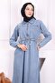 Blue Front Zipper Waist Drawstring Denim Dress - 3