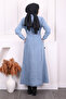 Blue Front Zipper Waist Drawstring Denim Dress - 4