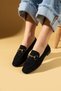Women's Ballerinas Black Suede Buckle Lightweight Comfortable Sole Stylish Casual Shoes - 2