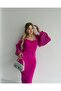 Women's Imported Scuba Fabric Collar Stone Embroidered Sleeves Pleated Sleeve Button Detailed Lined Design Dress - 4