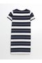 Navy Blue Crew Neck Striped Women's Dress - 6