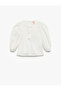 Cotton Ribbon Detailed Long Sleeve Crew Neck Balloon Sleeve Blouse