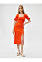 Midi Dress Balloon Sleeve Slit Square Neck - 3