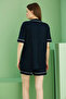 Navy Blue Shirt Collar Buttoned Bias Viscose Knitted Wide-Loose Fit Shorts Set7827 - 3