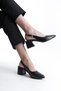 Black Skin Gold Buckle Detailed Women's Thick Heeled Shoes