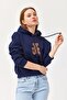 Embroidered Hooded Three Thread Sweatshirt Navy Blue - 4