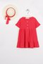 Crew Neck Short Sleeve Ruffled Buttoned Fuchsia Color Girls' Dress