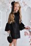 Girl's Lace Embroidered Bow Detailed Spanish Sleeve Black Dress - 3