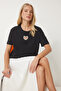 Shimmery Cotton Knit T-shirt with Heart Accessory BLACK LNS0024