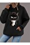 Cat Print Long Sleeve Hooded Sweatshirt, Lace up Comfortable Hooded Pullover, Women's Clothing