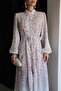 White Full-Length Button-Down Mock Neck Patterned Belted Midi Length Premium Design Linen Dress - 8